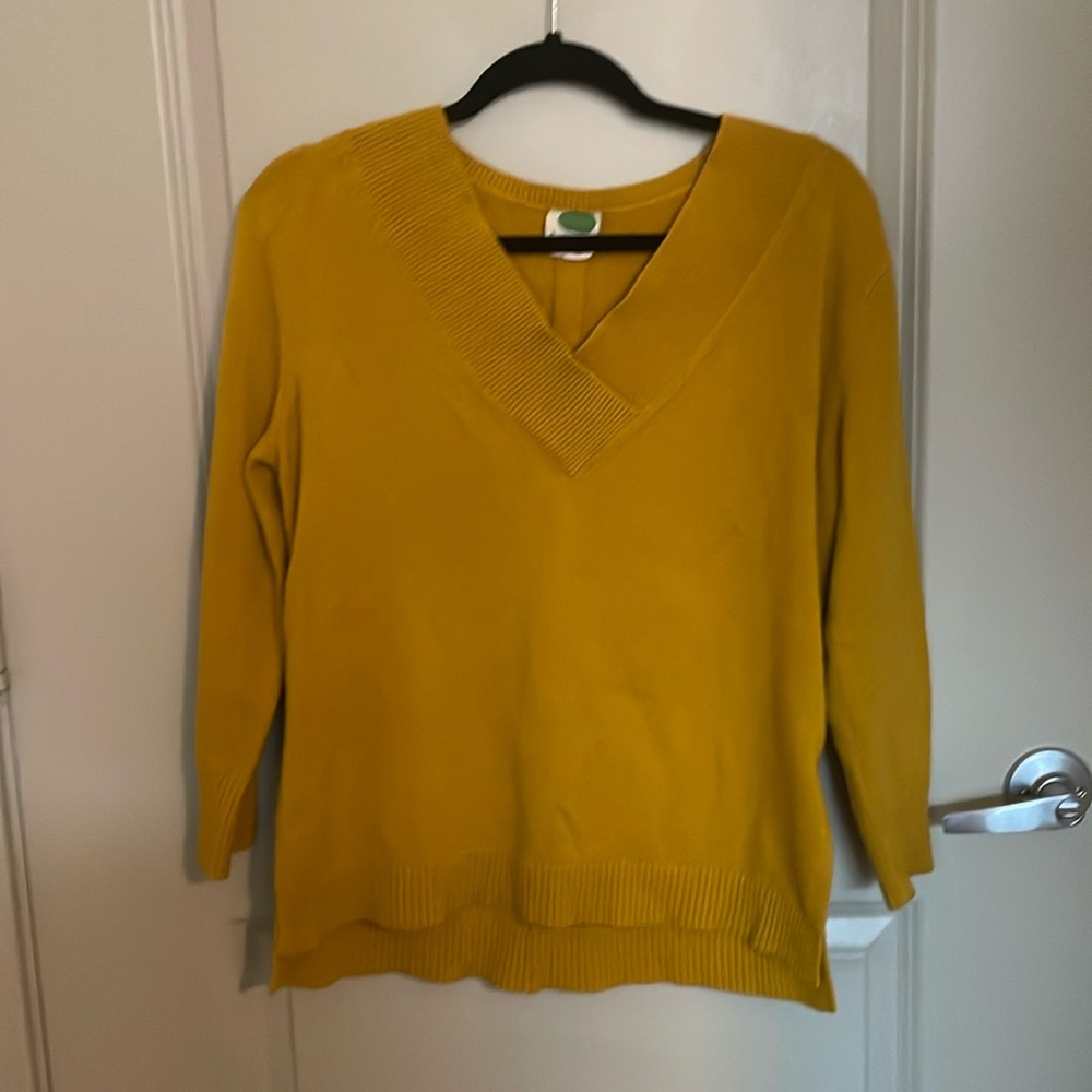 Anthropology, mustard, neck, sweater, size medium, petite